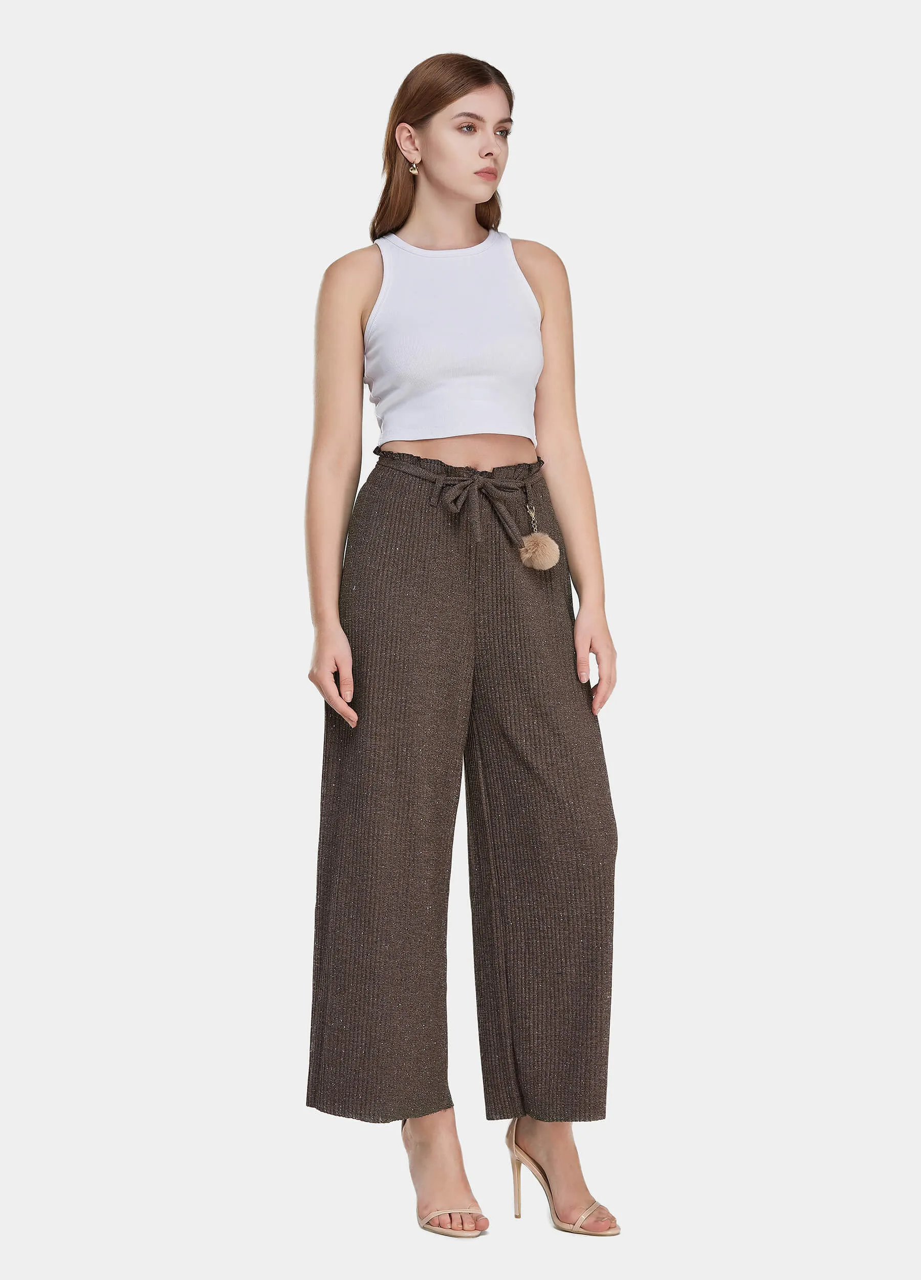 MECALA Women's Elastic High Waisted Wide Leg Pants Ruffle Trims Belted Casual Trousers