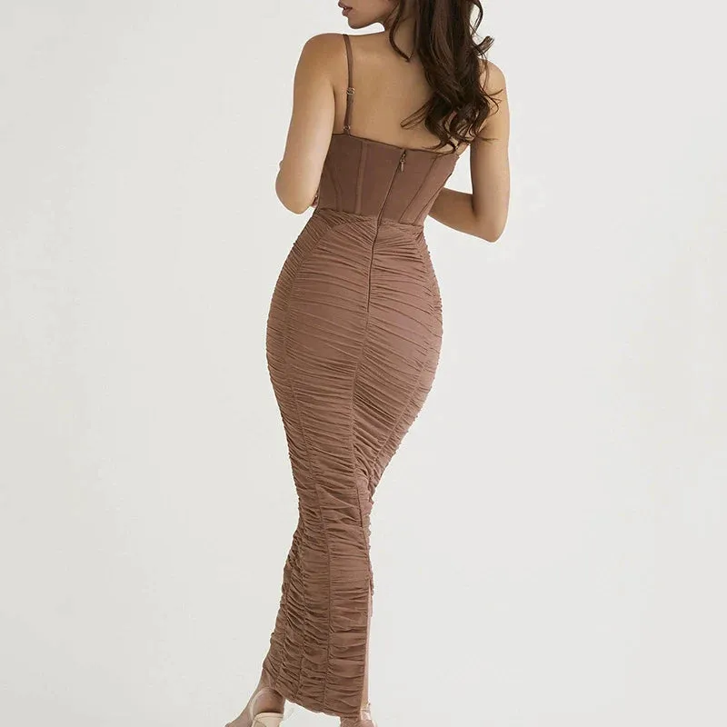 Memory Corset Mesh Maxi Dress in Brown