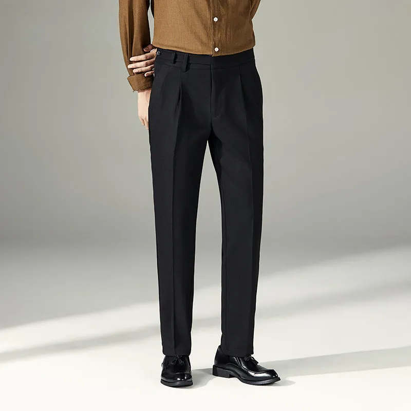 Men's Business High Waist Pants Casual Double Pleated Straight Trousers