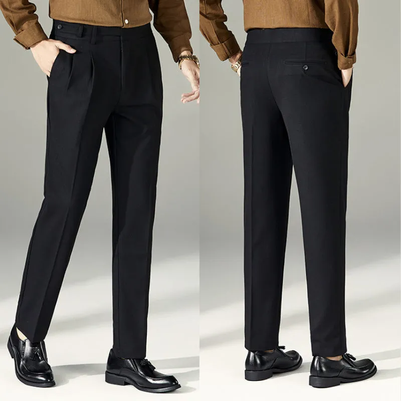 Men's Business High Waist Pants Casual Double Pleated Straight Trousers