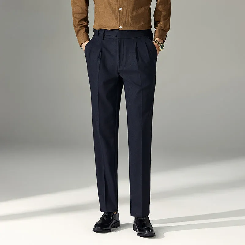 Men's Business High Waist Pants Casual Double Pleated Straight Trousers