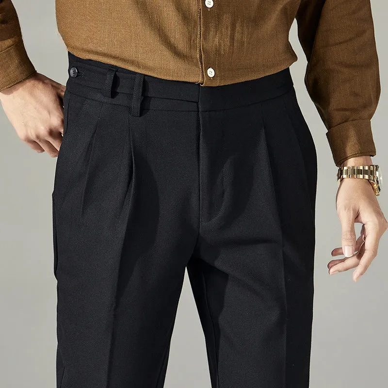 Men's Business High Waist Pants Casual Double Pleated Straight Trousers