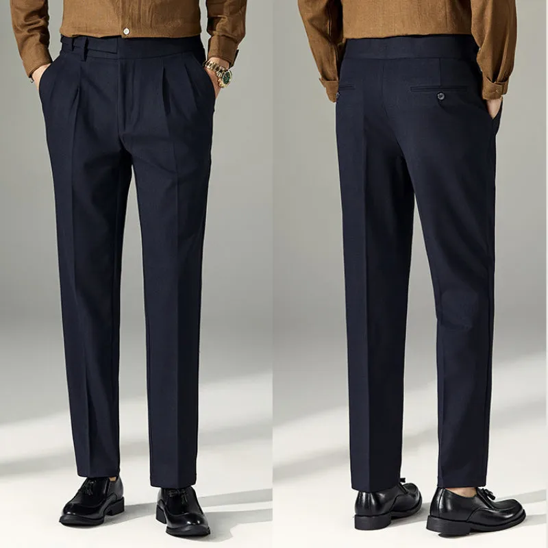 Men's Business High Waist Pants Casual Double Pleated Straight Trousers