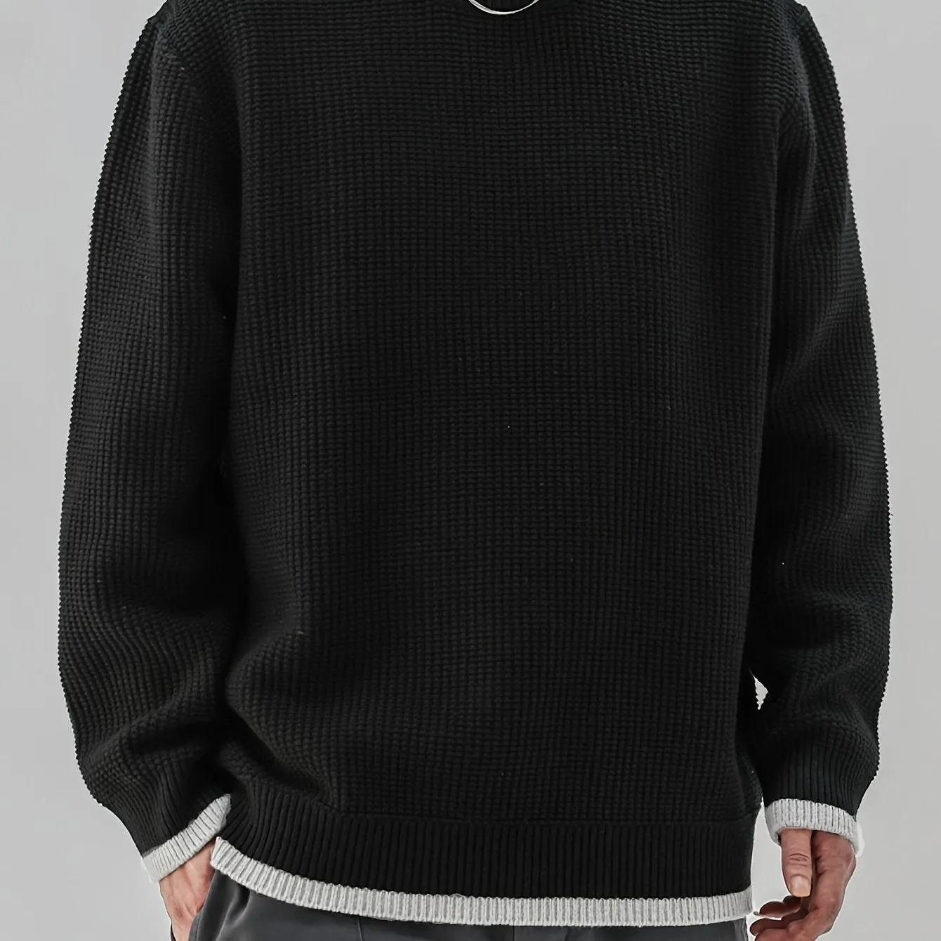 Men's Color Block Fake Two-piece Knitted Pullover, Casual Long Sleeve Crew Neck Sweater For Fall Winter