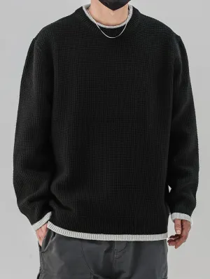 Men's Color Block Fake Two-piece Knitted Pullover, Casual Long Sleeve Crew Neck Sweater For Fall Winter