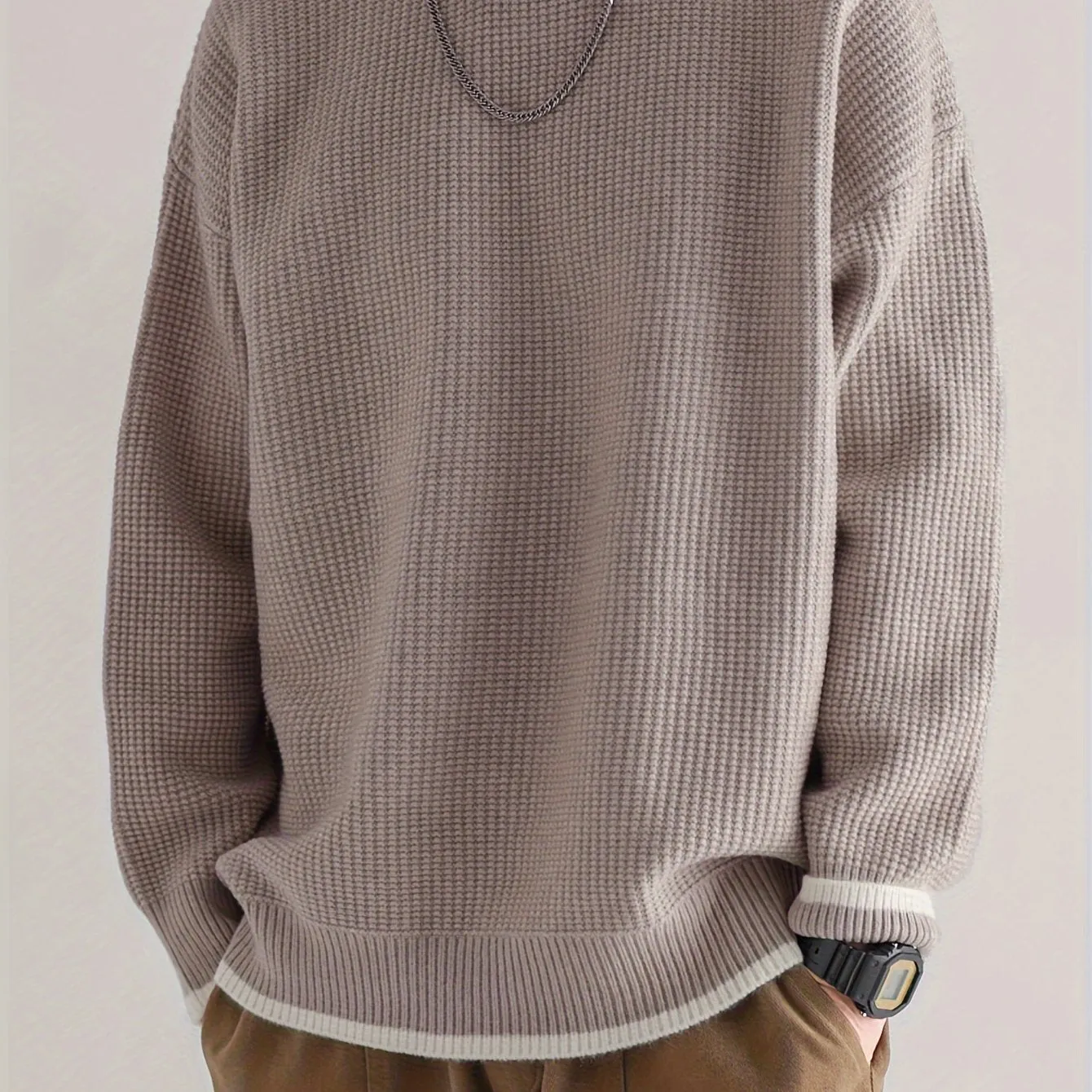 Men's Color Block Fake Two-piece Knitted Pullover, Casual Long Sleeve Crew Neck Sweater For Fall Winter