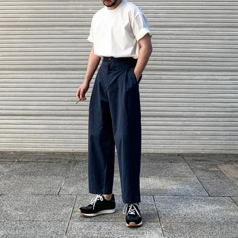 Men's High-waist Pleated Straight Leg Dark Blue Cropped Casual Pants