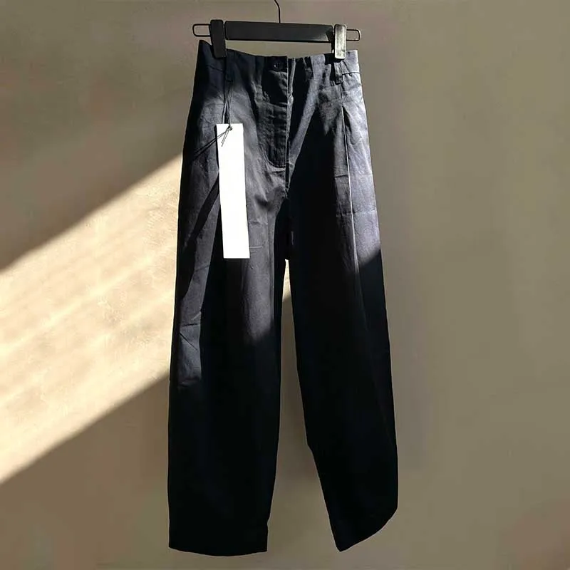 Men's High-waist Pleated Straight Leg Dark Blue Cropped Casual Pants