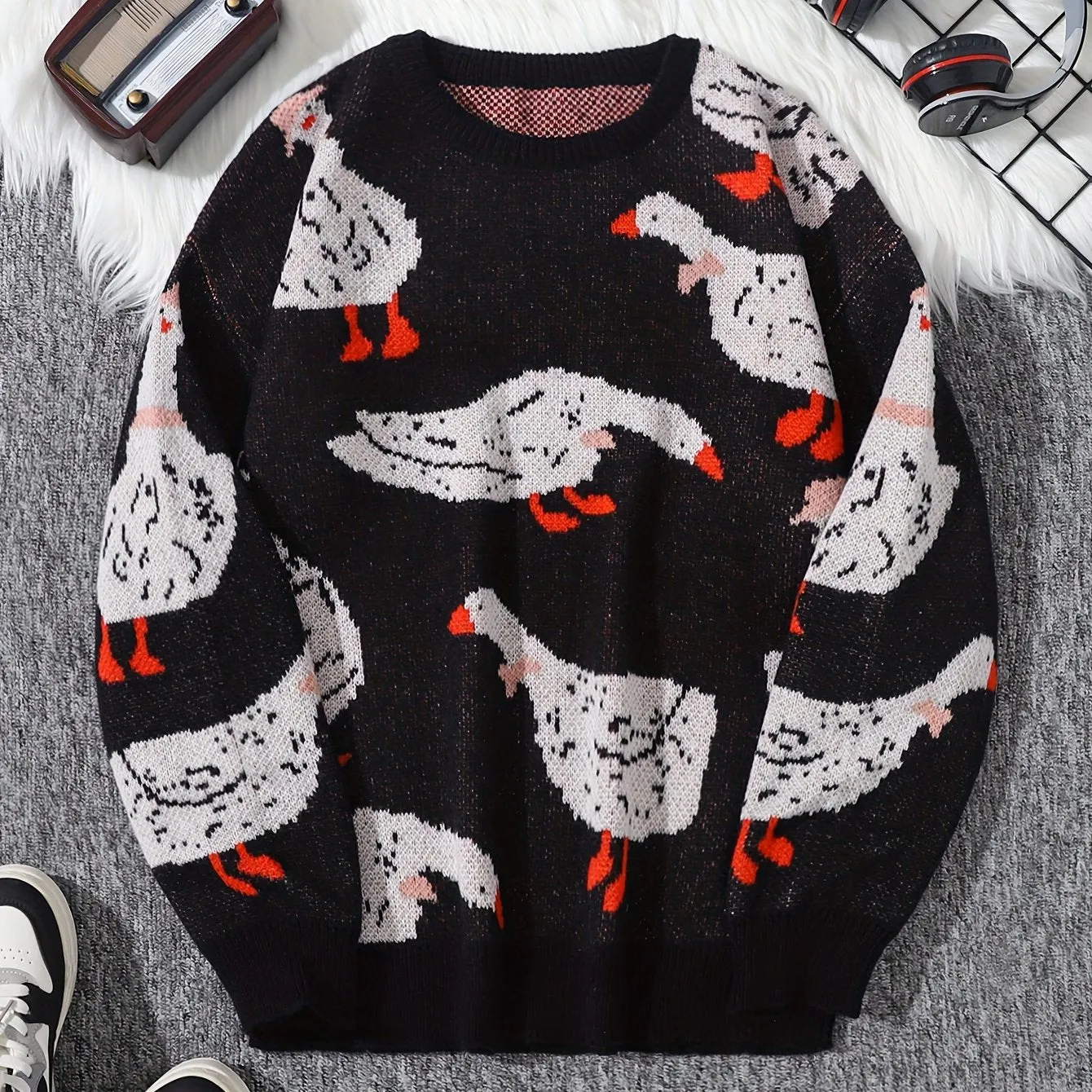 Mens Long Sleeve Cartoon Goose Pattern Crew Neck Sweater - Soft Slight Stretch Polyester Fabric, Regular Fit, Hand Washable - Perfect for Casual Daily Wear in Spring and Fall