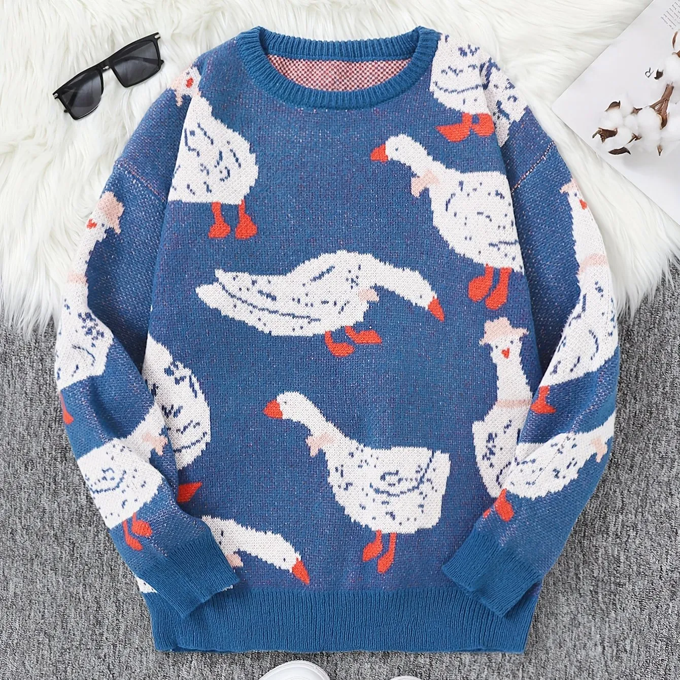 Mens Long Sleeve Cartoon Goose Pattern Crew Neck Sweater - Soft Slight Stretch Polyester Fabric, Regular Fit, Hand Washable - Perfect for Casual Daily Wear in Spring and Fall