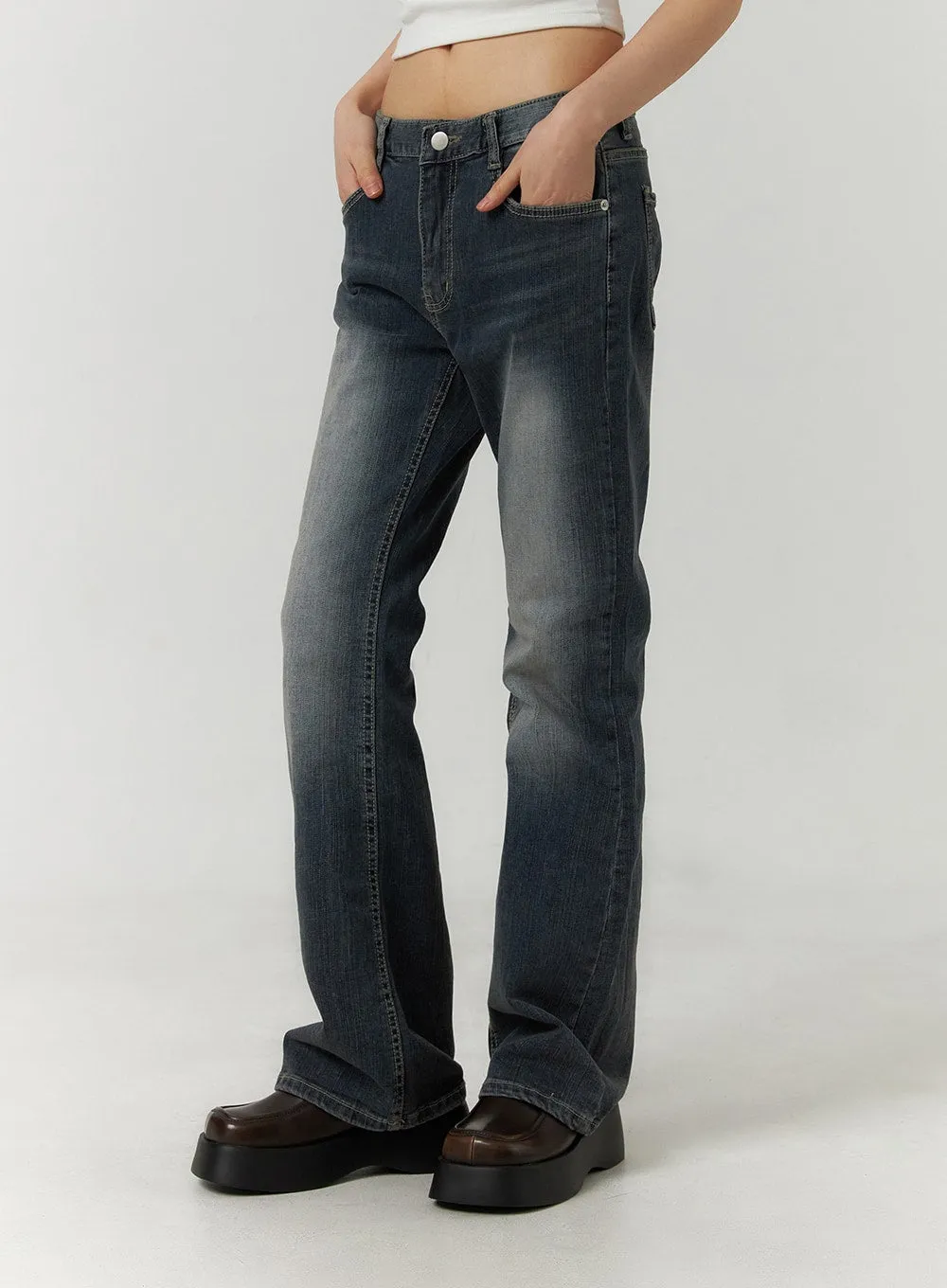 Mid Waist Zipper Flared Jeans CF406