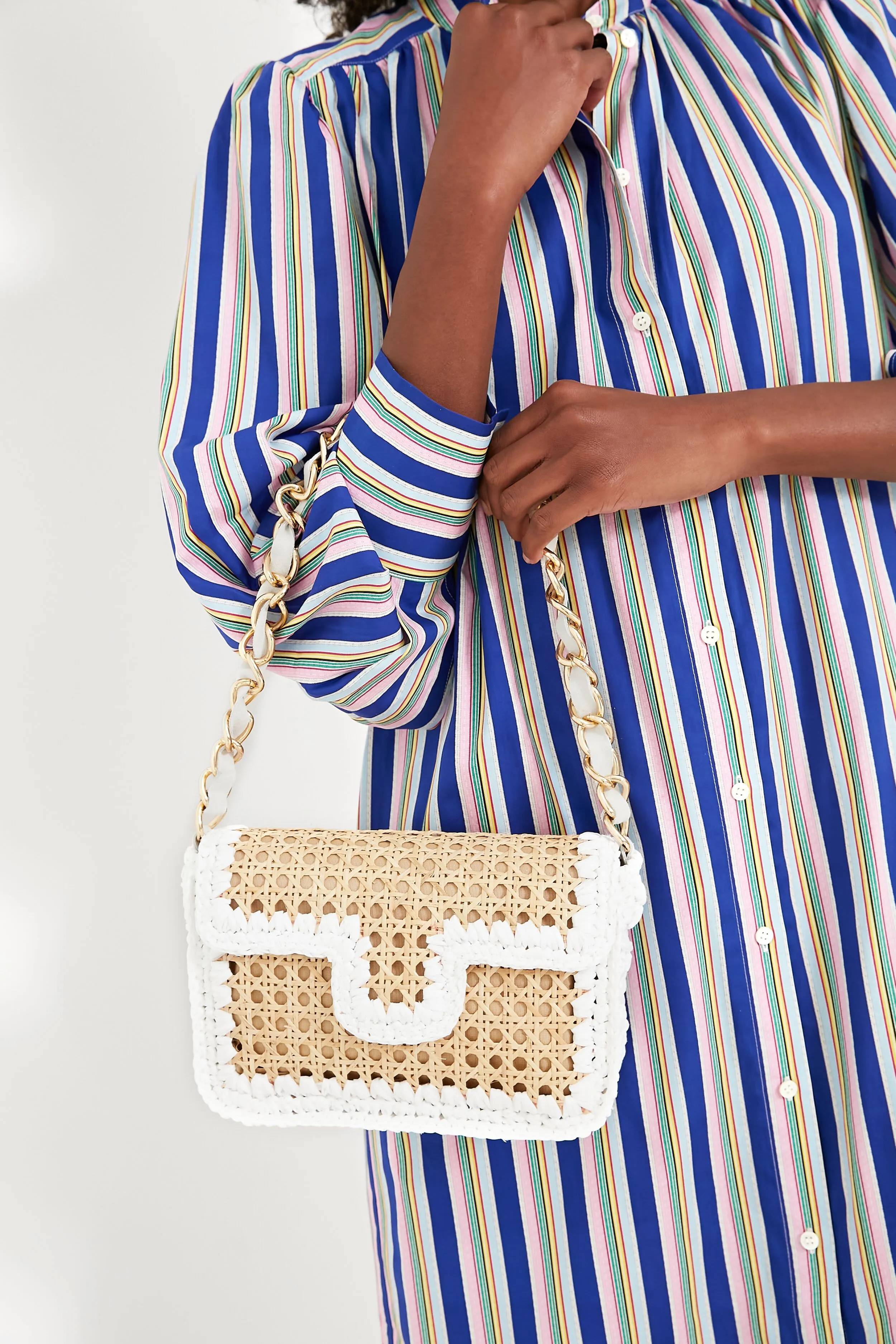 Natural and White Small Woven Shoulder Bag