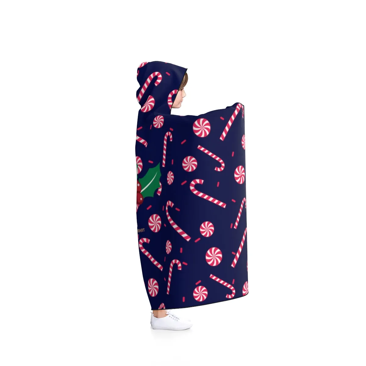 Navy Blue Lightweight Christmas Red Sugar Cane Holiday Party Hooded Blanket