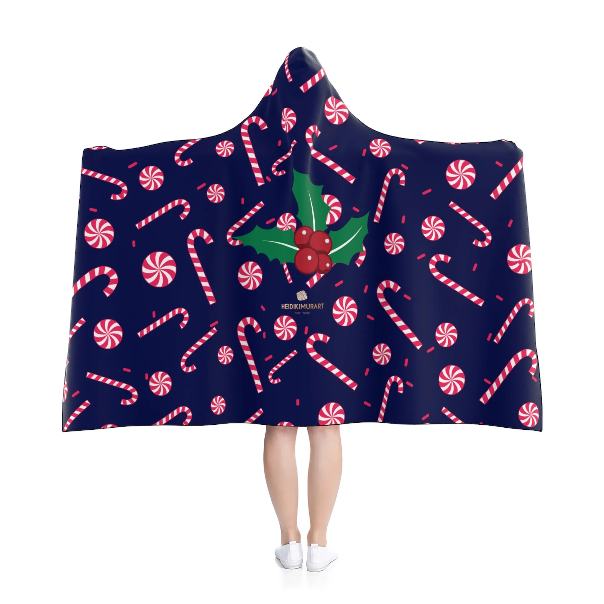 Navy Blue Lightweight Christmas Red Sugar Cane Holiday Party Hooded Blanket