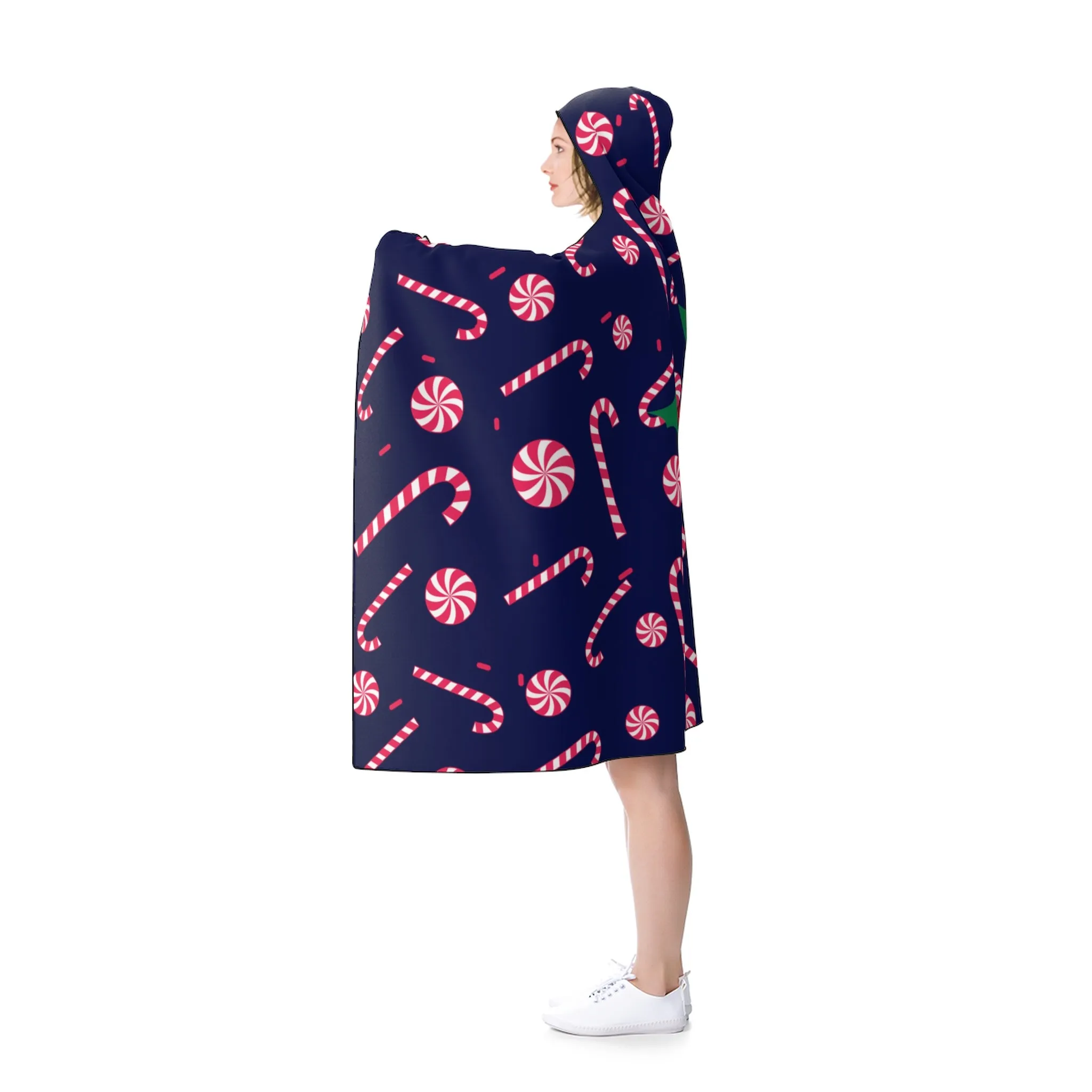 Navy Blue Lightweight Christmas Red Sugar Cane Holiday Party Hooded Blanket