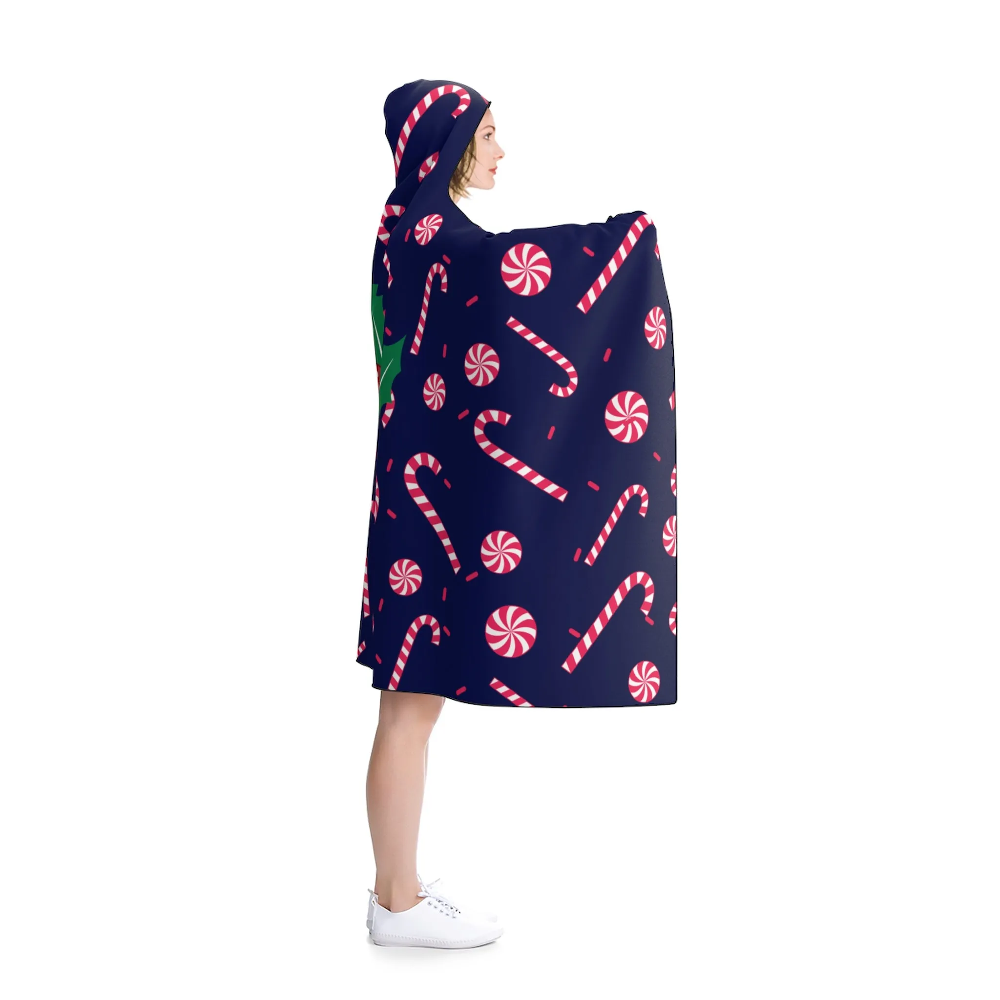 Navy Blue Lightweight Christmas Red Sugar Cane Holiday Party Hooded Blanket