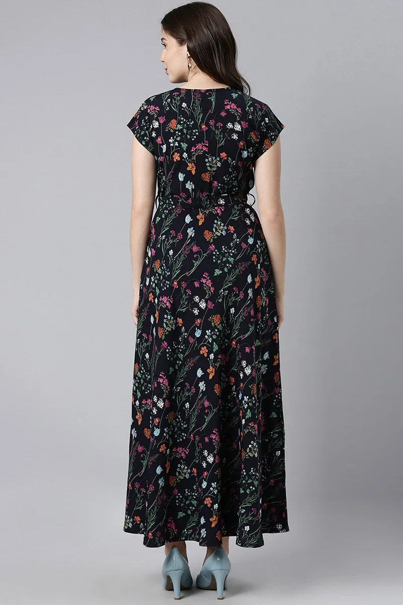 Navy Blue Polyester Floral Printed Maxi Dress