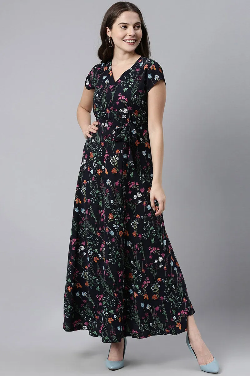 Navy Blue Polyester Floral Printed Maxi Dress