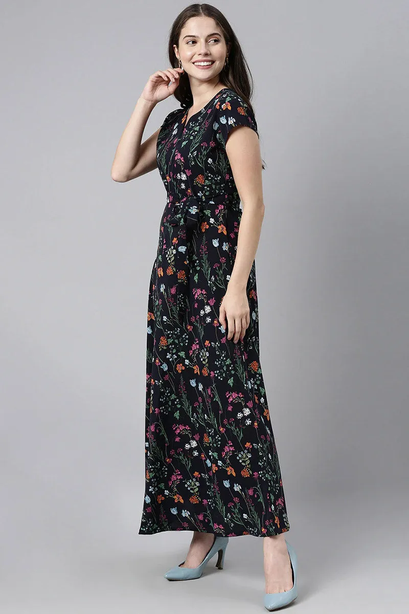 Navy Blue Polyester Floral Printed Maxi Dress