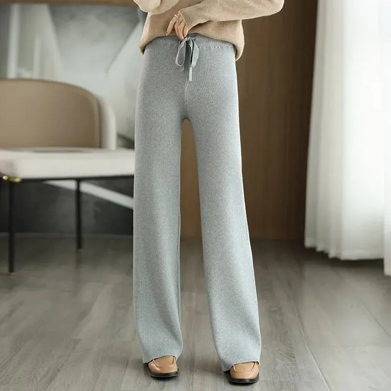 New Merino Wool Ladies High Waist Wide Leg Casual Knitted Loose Pants