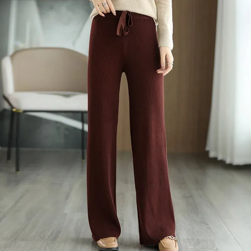 New Merino Wool Ladies High Waist Wide Leg Casual Knitted Loose Pants