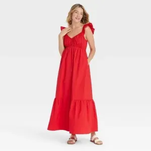 New - Women's Flutter Cap Sleeve Maxi A-Line Dress - Universal Thread Red L