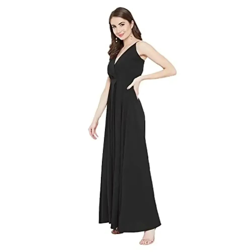 Nilkanth Enterprise Womens Solid V Neck Maxi Dress (Medium, Black)