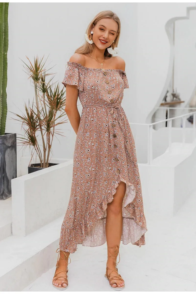 Off Shoulder Summer Floral Print Sash Ruffled High Waist Buttons Beach Women Chic Holiday Casual Maxi Dress