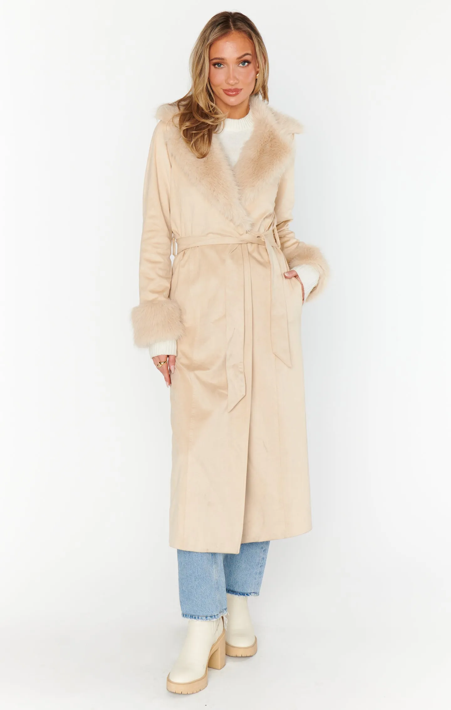 Penny Lane Long Coat ~ Beige Faux Suede with Faux Fur