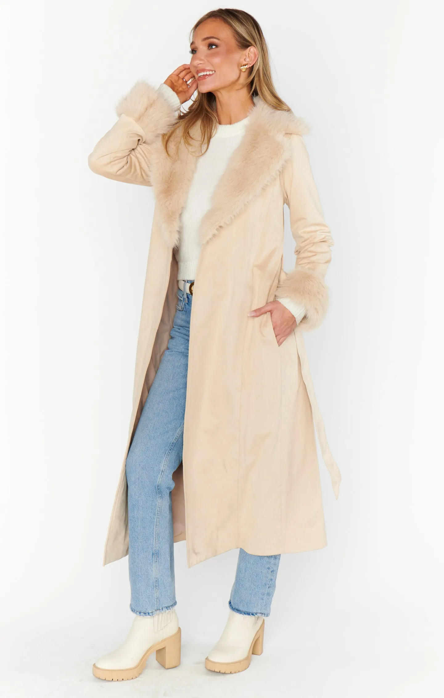 Penny Lane Long Coat ~ Beige Faux Suede with Faux Fur