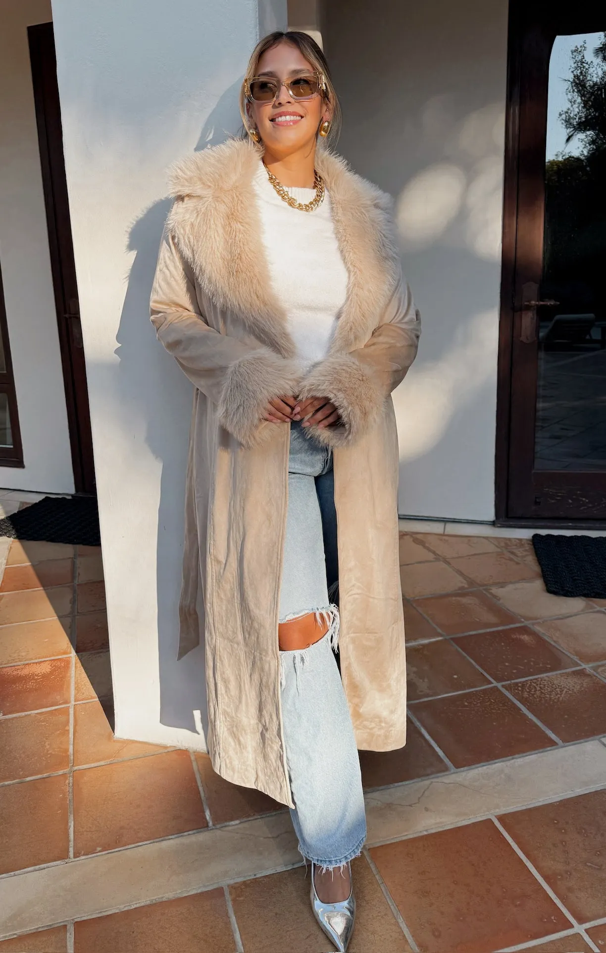 Penny Lane Long Coat ~ Beige Faux Suede with Faux Fur