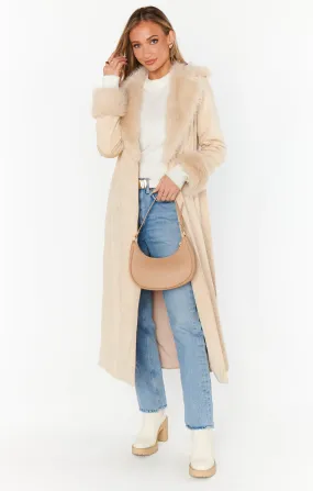 Penny Lane Long Coat ~ Beige Faux Suede with Faux Fur