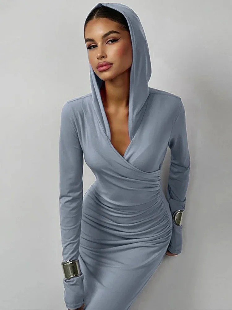 Pink Hooded Long Dresses for Women Streetwear Fashion Casual Long Sleeve Bodycon Maxi Dress Spring 2024 C70-CE35