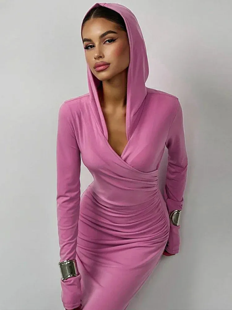 Pink Hooded Long Dresses for Women Streetwear Fashion Casual Long Sleeve Bodycon Maxi Dress Spring 2024 C70-CE35