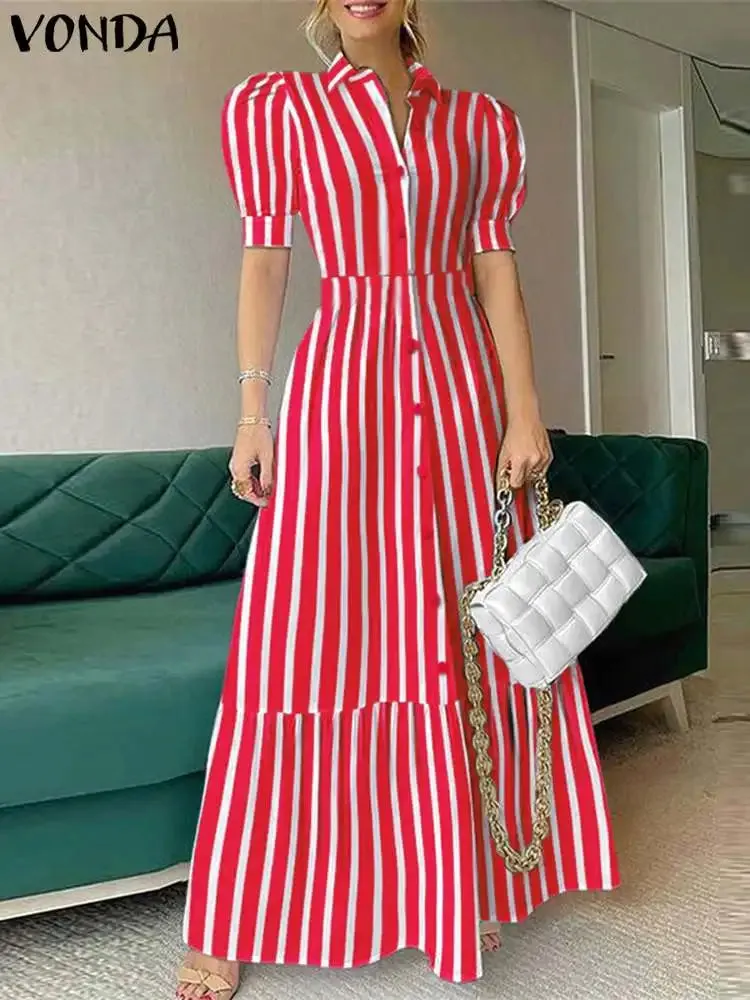 Plus Size VONDA Women Office Shirt Dress Summer Elegant Striped Dresses Sexy Puff Sleeve Lapel Long Maxi Sundress Casual Robe