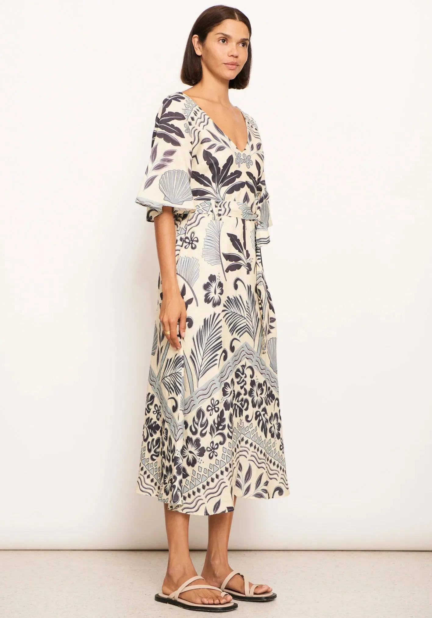 POL Clothing Paradise Bias Dress in Paradise Palm Print