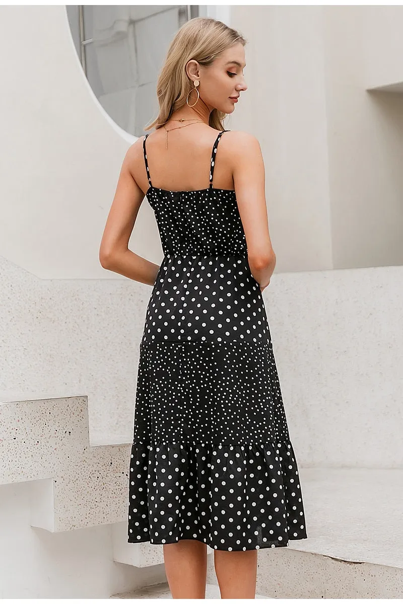 Polka Dot Casual Sleeveless Buttons Female Overalls Summer Maxi Dress