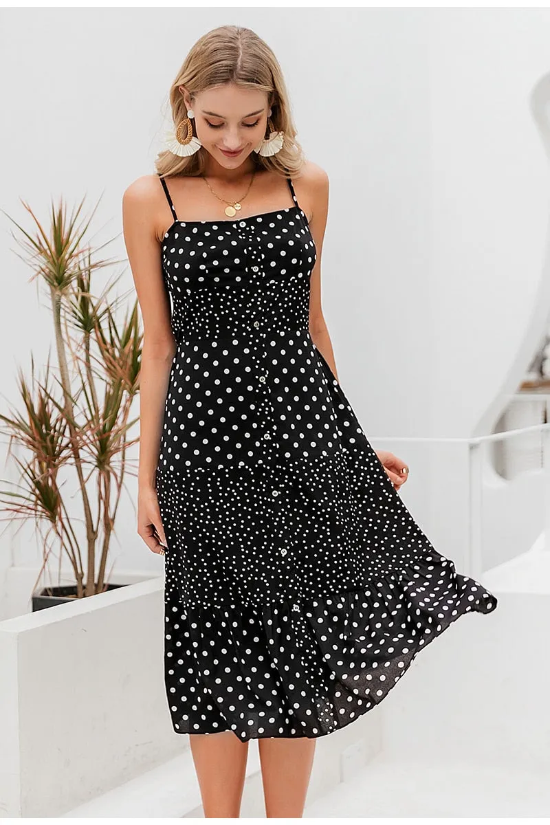 Polka Dot Casual Sleeveless Buttons Female Overalls Summer Maxi Dress