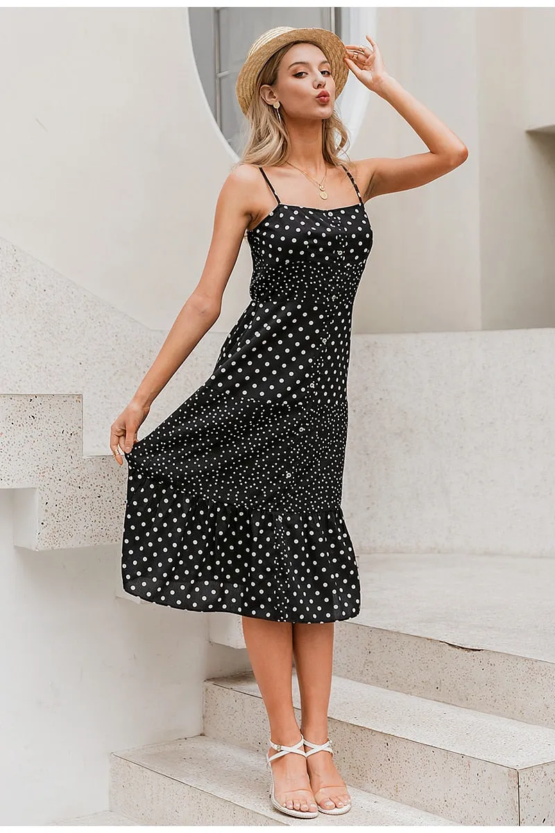 Polka Dot Casual Sleeveless Buttons Female Overalls Summer Maxi Dress