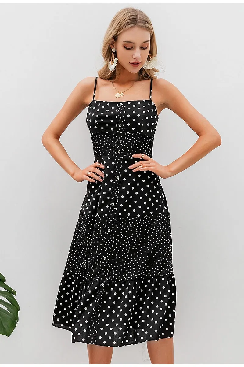 Polka Dot Casual Sleeveless Buttons Female Overalls Summer Maxi Dress