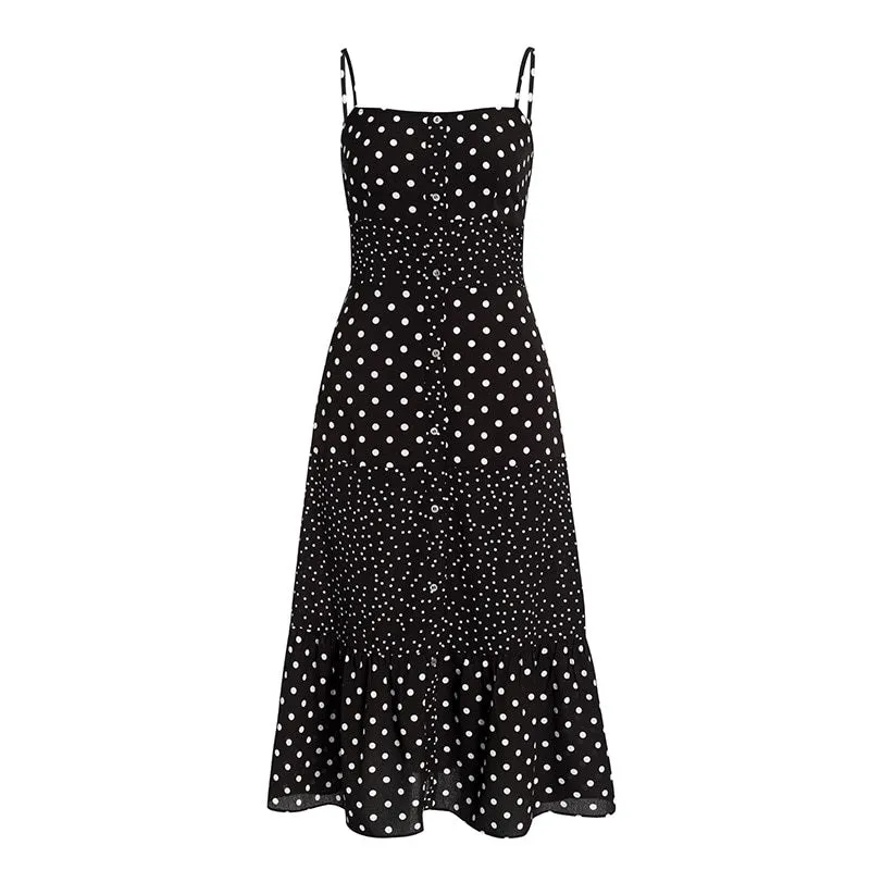 Polka Dot Casual Sleeveless Buttons Female Overalls Summer Maxi Dress