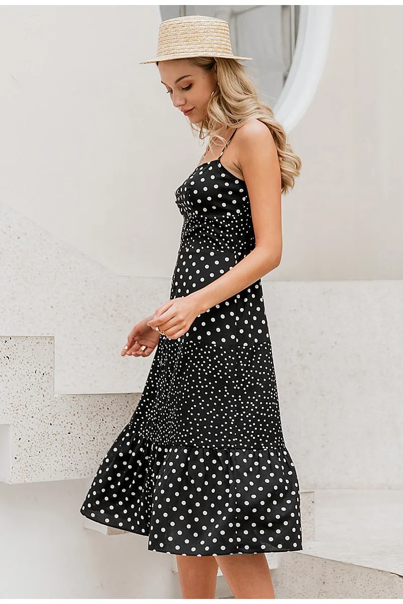 Polka Dot Casual Sleeveless Buttons Female Overalls Summer Maxi Dress