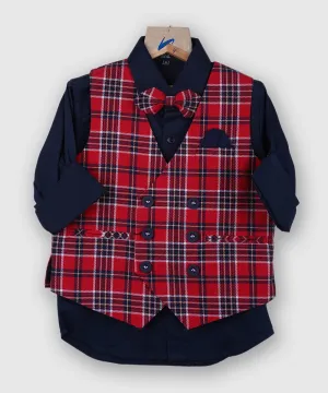 Red Checkered Party Wear Waist Coat Set with Navy Shirt for Boys