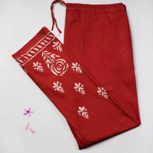 Red - Chikankari Hand Embroidery Cotton Lycra Cropped Pant (Free Size)