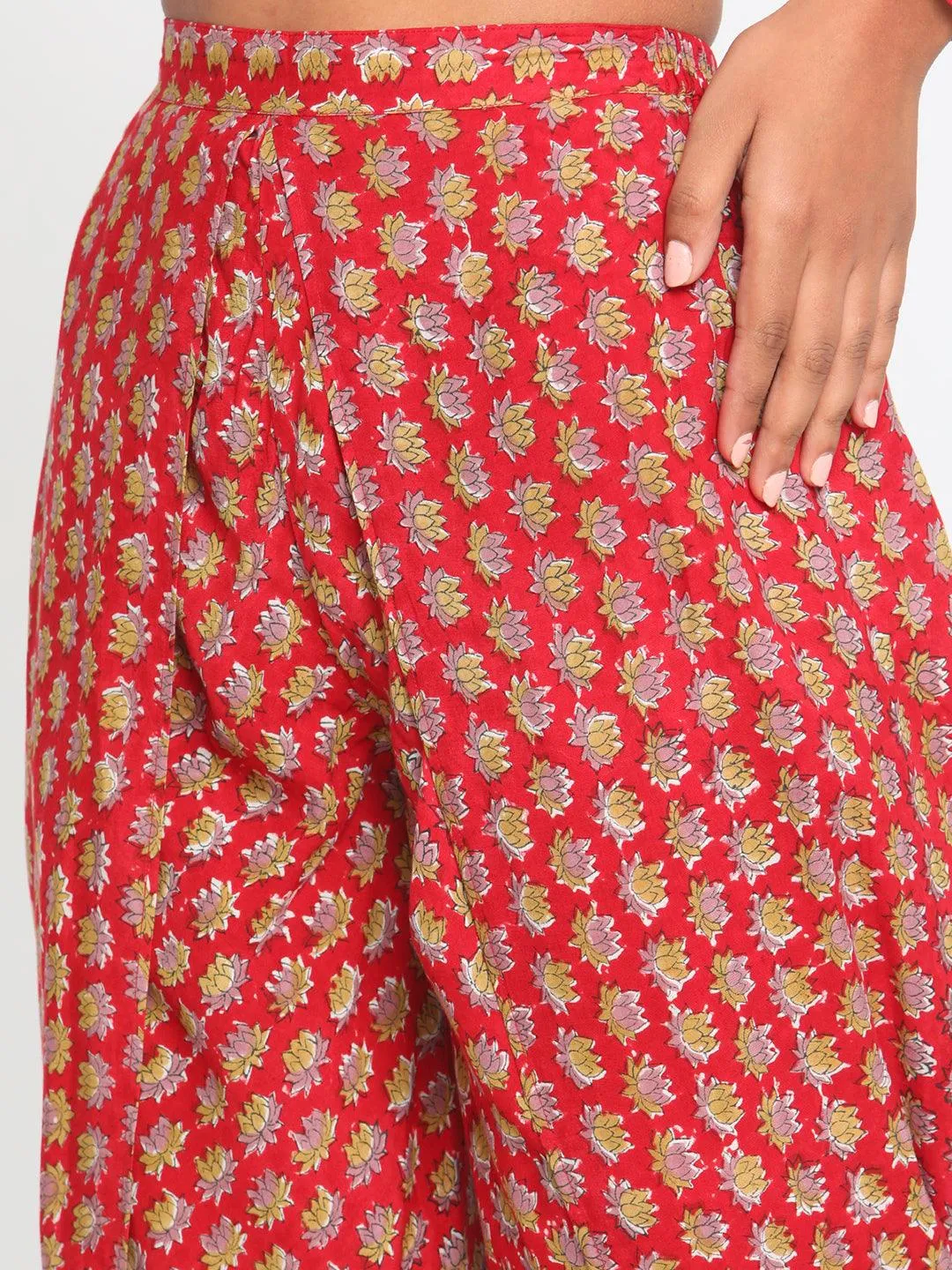 Red Hand Block Printed Silk Dhoti Pant