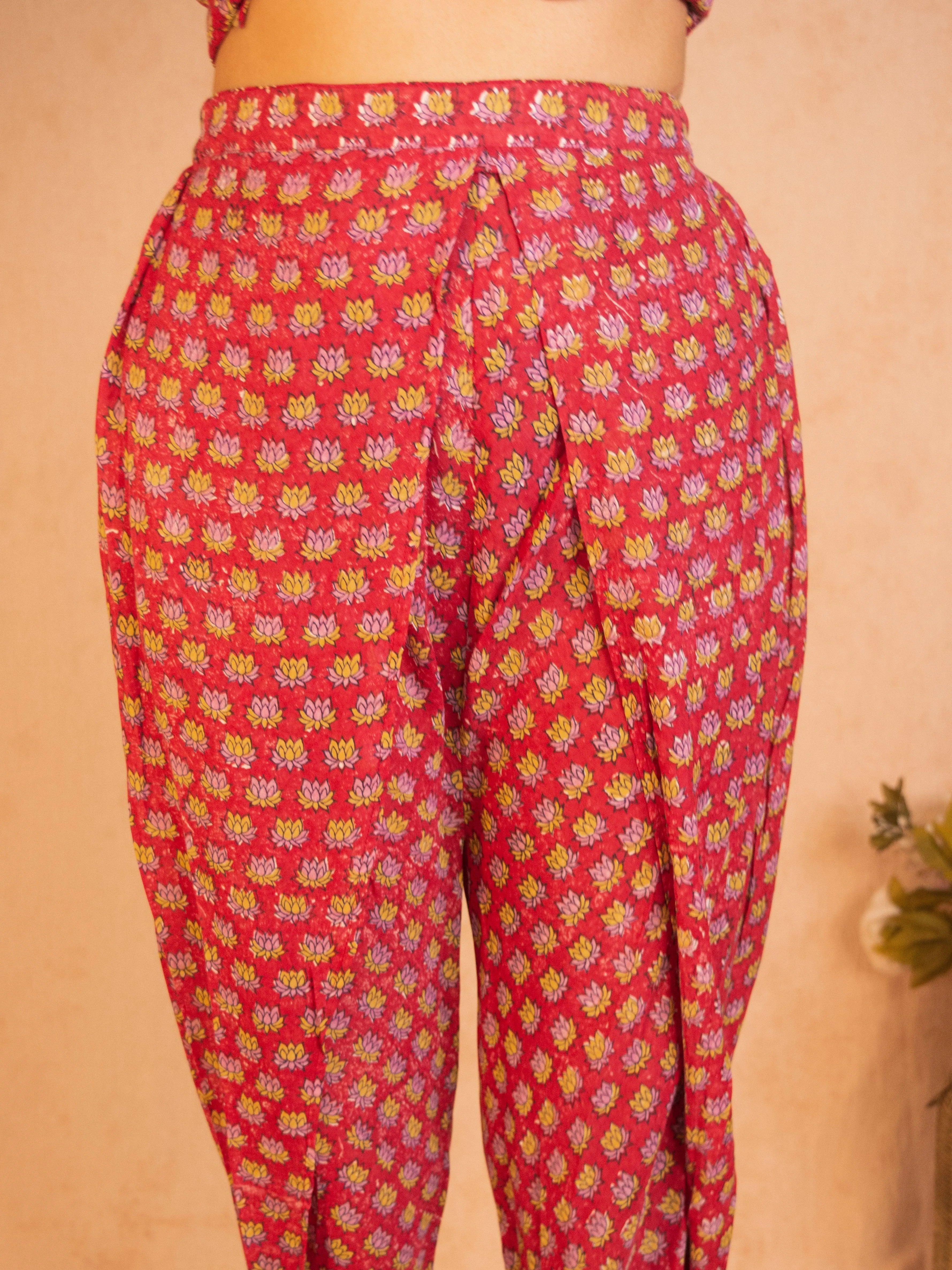 Red Hand Block Printed Silk Dhoti Pant