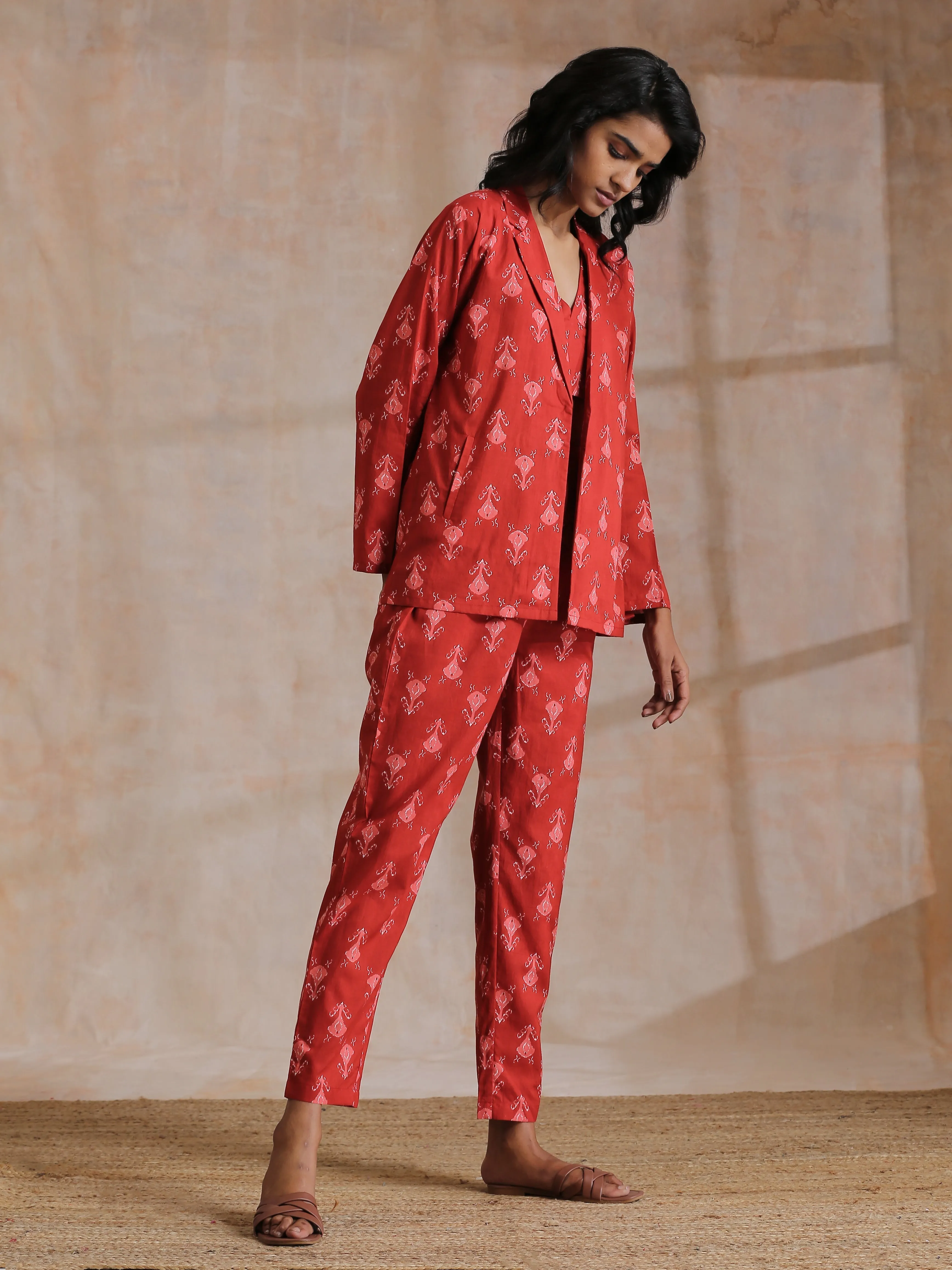 Red On Red Ikat Print Cotton Pant Suit Set