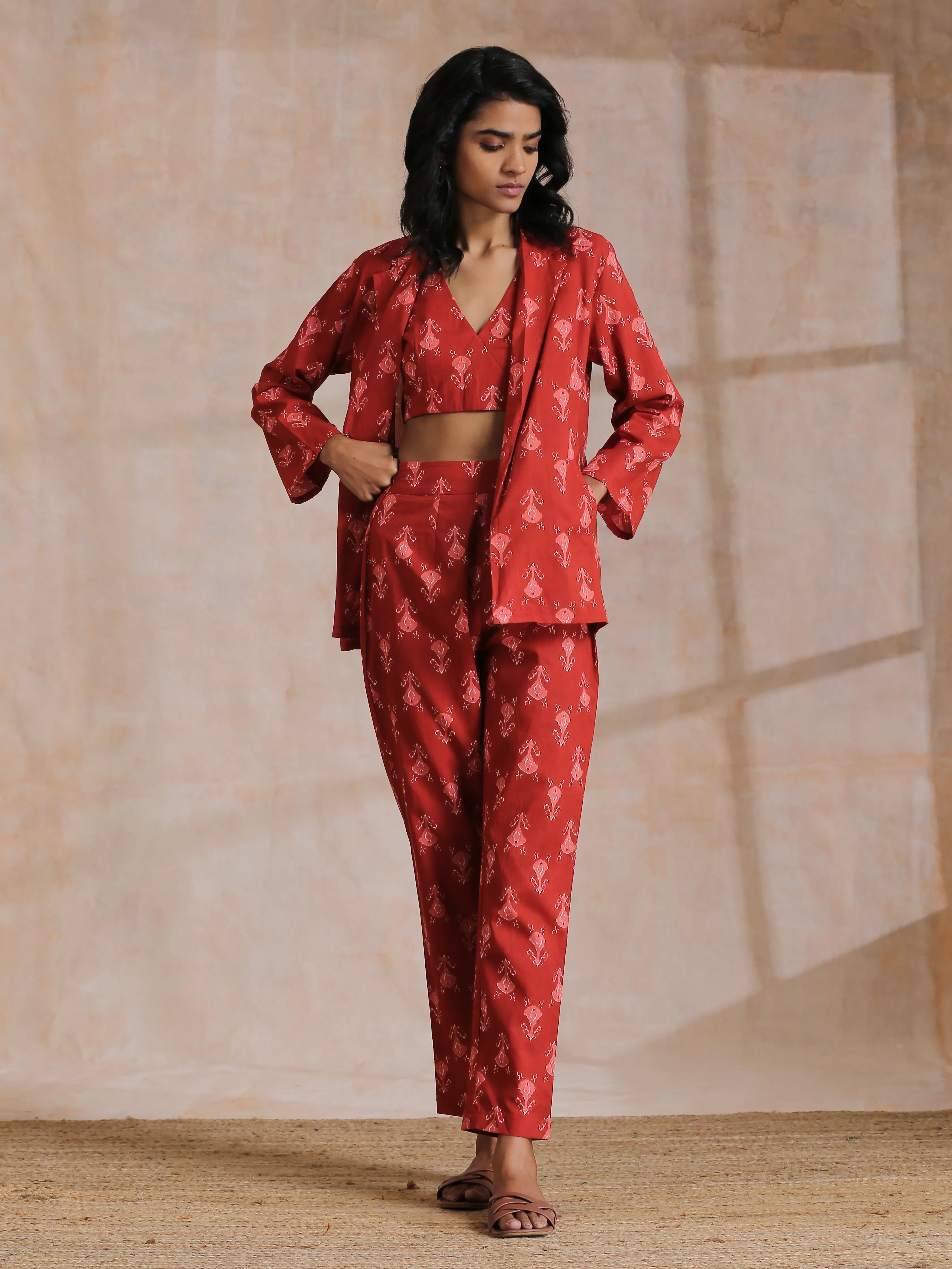 Red On Red Ikat Print Cotton Pant Suit Set