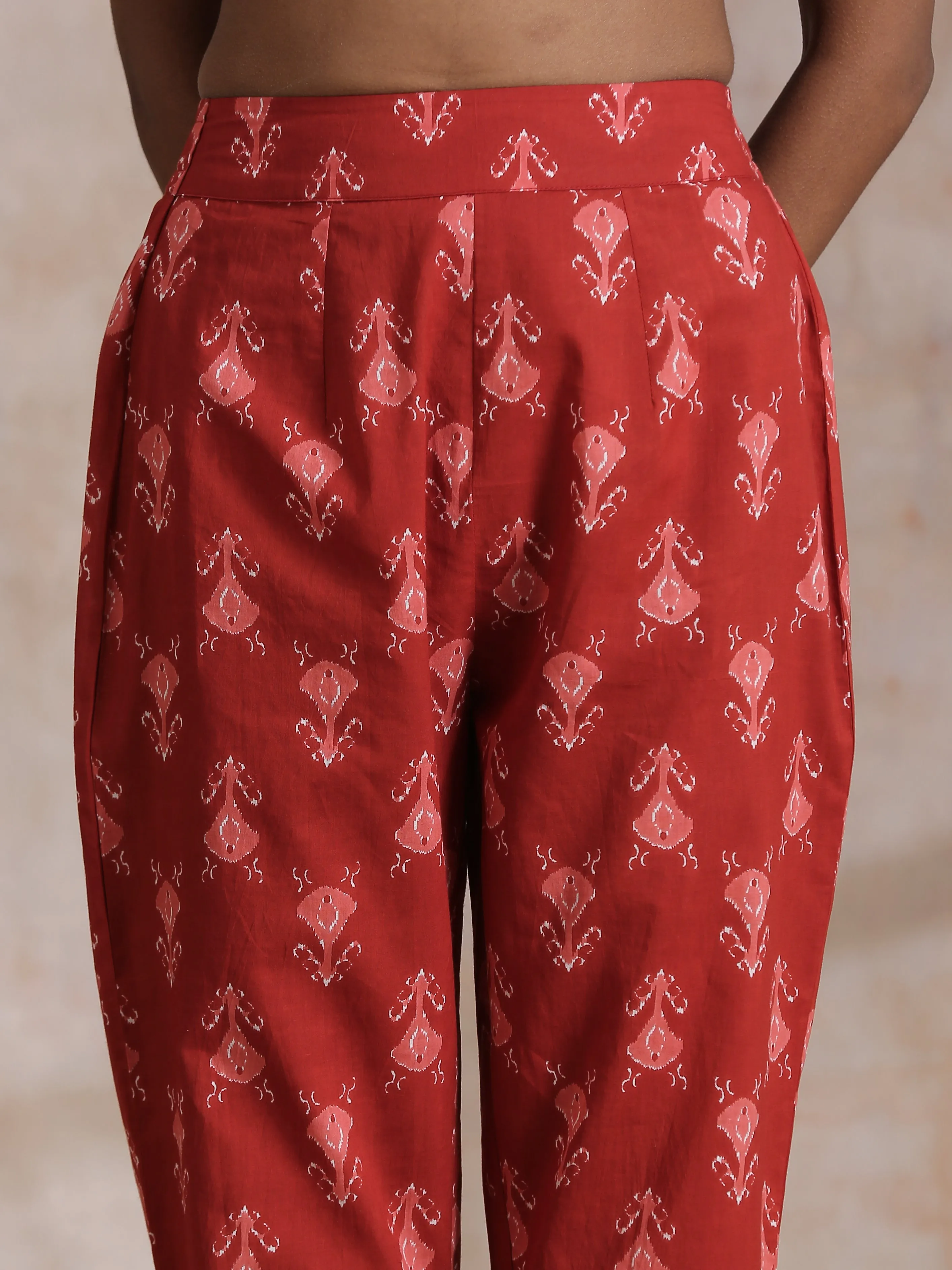 Red On Red Ikat Print Cotton Pant Suit Set