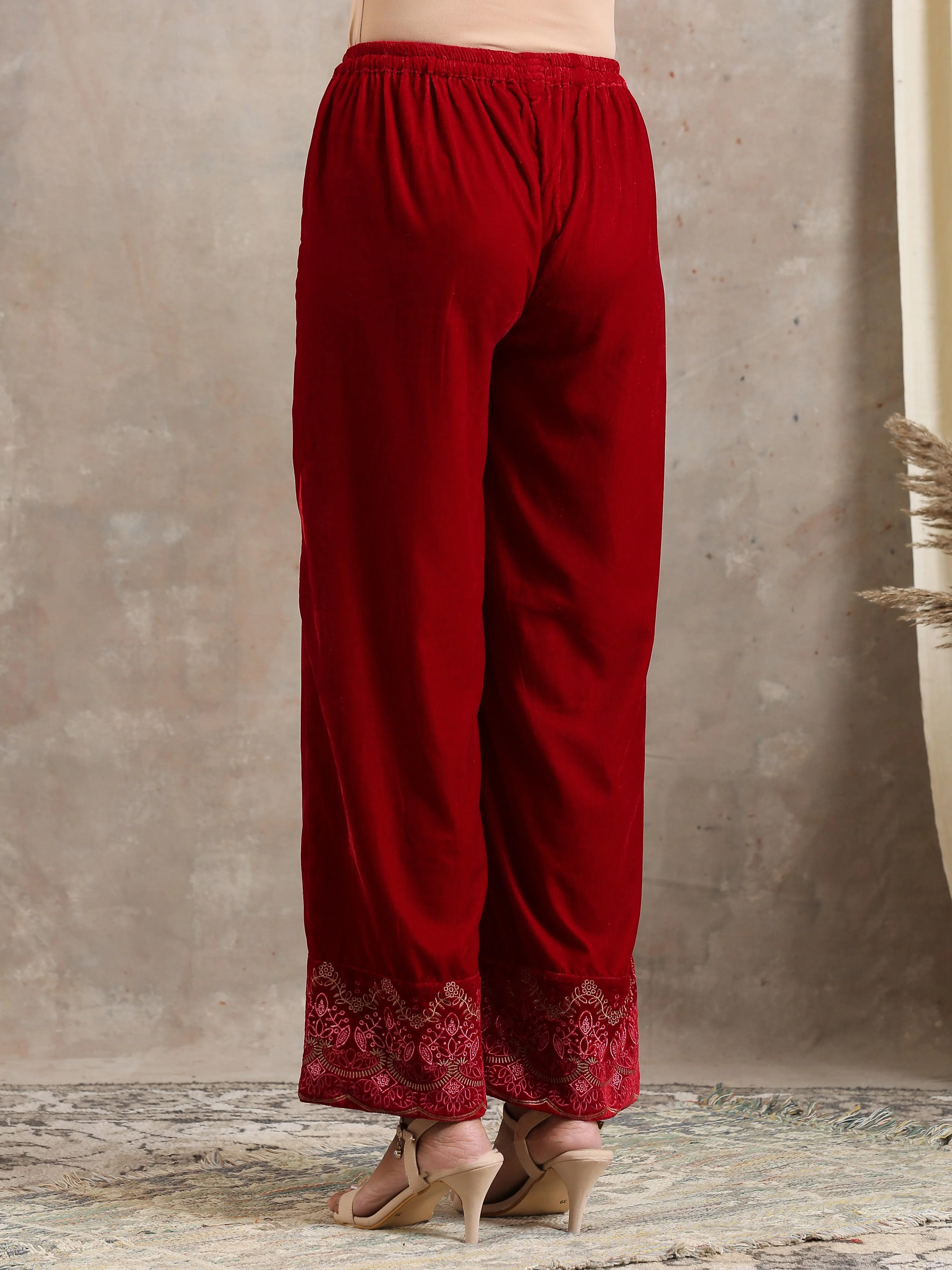 Red Velvet Embroidered Pant